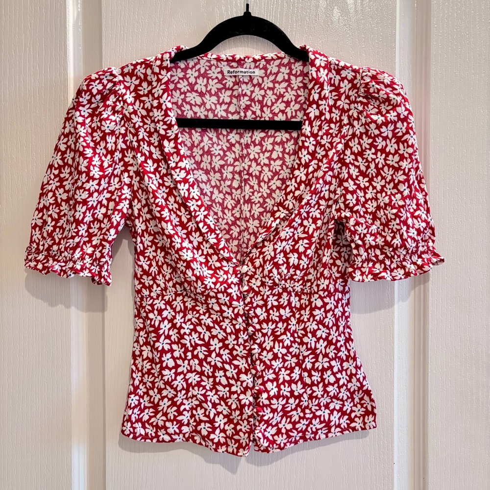 Reformation Bella Top Size 6 Red Daisy Floral Puff Sleeve Blouse